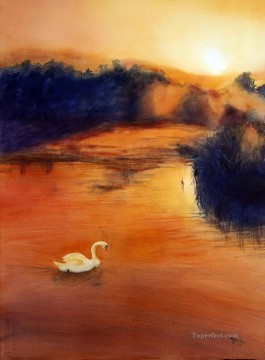 pflaume vögel Ölbilder verkaufen - Schwan in roten Wasser Vögel